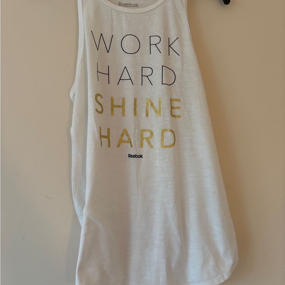 Reebok White Graphic Racerback Tank Top Women’s Small Work Hard Shine Hard